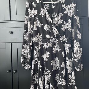 Black and White Floral Long-Sleeve Wrap Midi Dress